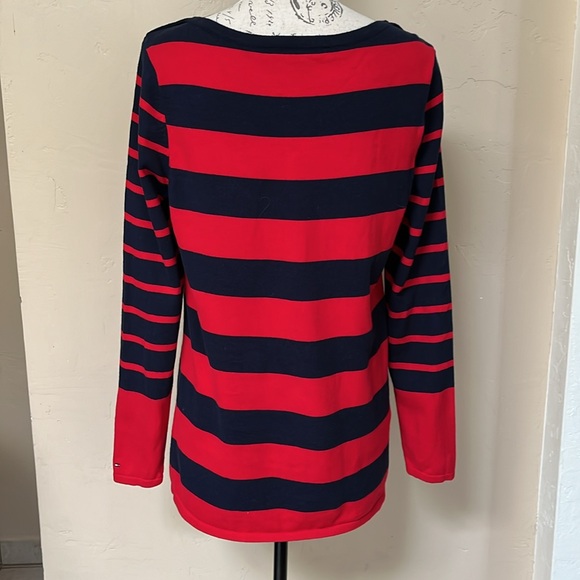 TOMMY HILFIGER Red Navy Blue Striped Sweater Light Weight Long Sleeves 
Size LG - Picture 5 of 9